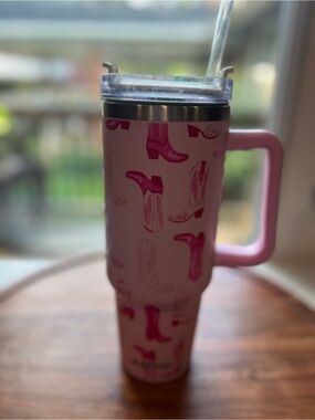 Katydid Pink Cowboy Boot Pattern Insulated Travel Mug with Handle and Straw